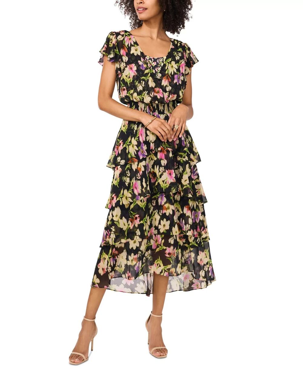 Vince Camuto Women's Printed Surplice Tiered Midi Dress Multi Size XL 3745